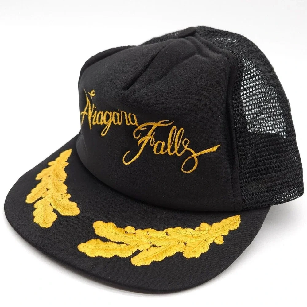 Vintage Niagara Falls Mesh Snapback Trucker Hat Black Gold Leaf Scramble Egg Cap